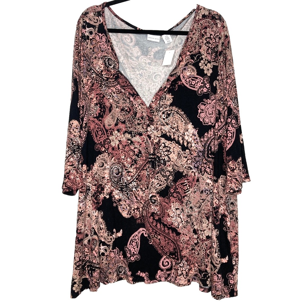 TABITHA WEBB Top Women 3X Black Pink Paisley Print Blouse V-Neck 3/4 Sleeve Plus